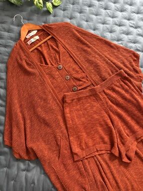 Free People Beach | Women’s Rust Orange Knit Cardigan + Shorts + Tank Set M
